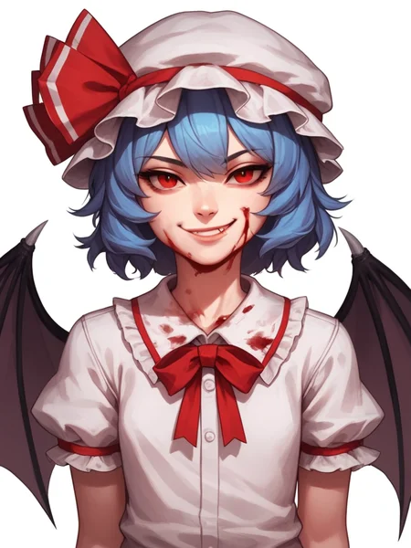 score_9, score_8_up, score_7_up, rating_explicit, 1girl, solo, <lora:Remilia_Scarlet_-_Touhou_Project_Pony:1> r3mil1a_sc4rlet, hat, red eyes, blue hair, wings, smile, short hair, bat wings, upper body, looking at viewer, ribbon, short sleeves, mob cap, wicked look, smirk, lips parted, blood on chin