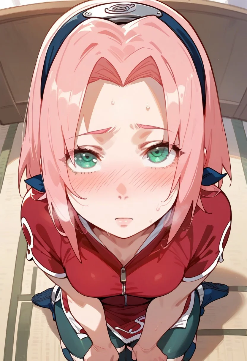 score_9, score_8_up, score_7_up,easynegative,Expressiveh,
1girl, front view, high angle view, facing viewer, ((solo)),
haruno sakura, kneeling blushing, looking up at viewer, pink hair, long hair, green eyes, small breasts, ((petite)), ((short girl)),
red shirt, red qipao, zipper, short sleeves, bike shorts,
blush,