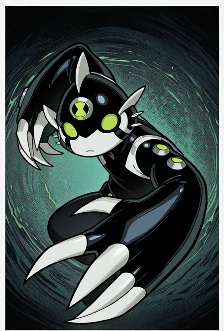 <lora:dito-08:1> dito, solo, no humans, green eyes, white claws, 1boy, black clothing, black arms, dynamic pose, big hands, masterpiece, best quality, amazing quality, very aesthetic, absurdres, newest,, upper body, halftone effect, white borders, abstract background:1.2,
