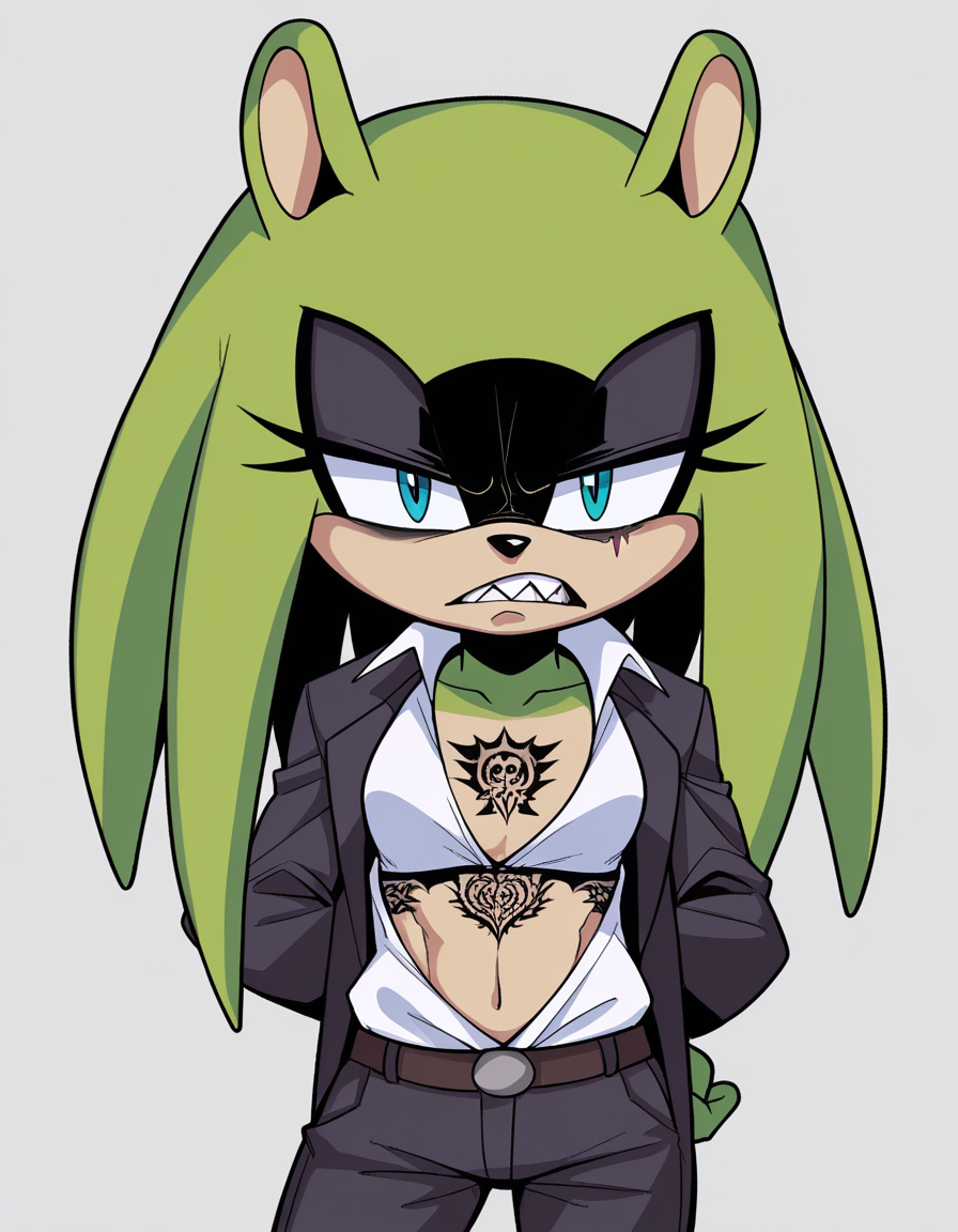 zPDXL, score_9, score_8_up, score_7_up, score_6_up, score_5_up, source_anime, 4k, absurdres, 1girl, solo,
<lora:Surge_v2mini_LoCon:0.8> surge the tenrec, (green fur), (black fur), (two-tone fur), aqua eyes, black eyeshadow, long quills, shaded face, quills down,
sharp teeth, petite, small breasts, (yakuza, burn scar, yakuza tattoos, wearing a dark grey three-piece suit, suit pants, brogues), frown, angry, looking at viewer,