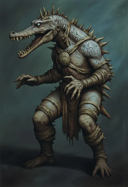 aidmaMJ6.1, Made out of paper, a PaperStyle , d4artstyle, d4concept, , d00mstyle, made of clay, ZBClay model of a gray sculpture AmanoER
monstrous, reptilian creature with a hunched, muscular physique, defined by cracked, rugged skin in muted gray and earthy tones. The head is elongated and crocodile-like, lined with rows of sharp, exposed teeth and glowing, fierce eyes. Its body is covered with spiny, jagged protrusions along the spine and arms, adding a dangerous, armored appearance. Large, clawed hands and webbed, talon-like feet enhance its primal, predatory stance. The chest and limbs bear signs of wear, wrapped in decayed bindings, hinting at past conflicts or restraint. Ignore the background; emphasize the creature's spiked, sinewy form, textured skin, and menacing posture.
Background solid color with a faded dimly lit, fog-covered darkness tone that emphasizes its silhouette. The medium is not a traditional painting or illustrative medium like watercolor or ink but rather a digital rendering, eerie and unsettling.