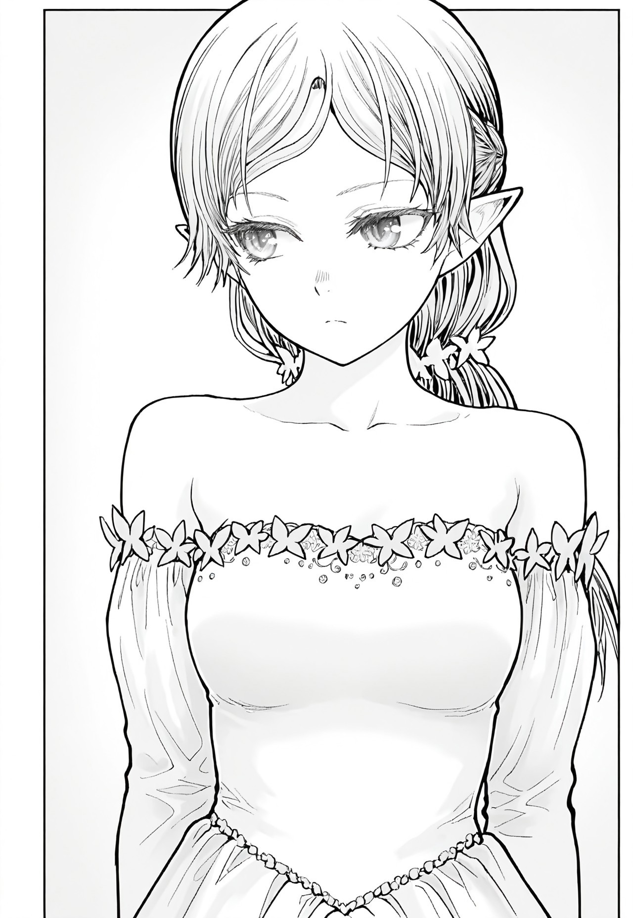 sui, long hair, side-parted bangs, braided hair, sharp eyes, elf ears, medium breasts, wide hips, youthful body, pretty fantasy gown, off-shoulder, elegant neckline, detailed embroidery, soft expression, upper body only, closer shot, looking slightly to the side, manga, monochrome, uncle from another world