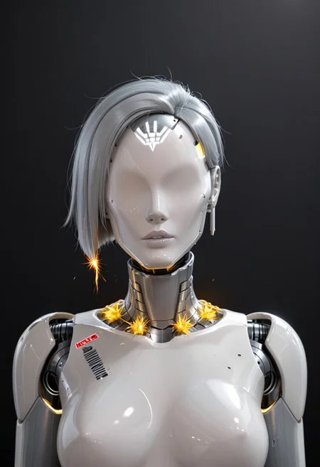 A 35mm photo of a beautiful broken robotic woman, she has a faceless robotic head, robot, silver hair, smooth dark grey metallic featureless feminine body, sparks coming from her damaged neck
no face