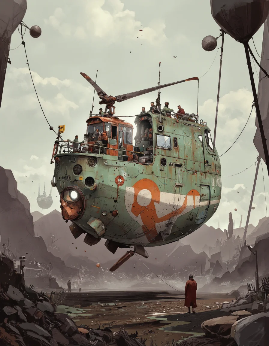By Ian McQue. A digital illustration shoot from below about a futuristic flying vehicle in a post-apocalyptic landscape. the image also shows a highly detailed and industrial design, with a sci-fi theme. on the middle of the image, a large, green and orange flying vehicle appears to be in mid-flight, with multiple people visible inside. the vehicle is suspended from the ground by cables, and has a sleek, metallic design with intricate details. it has a large propeller on the left side and a control panel on the right side. the background features a mix of abstract shapes and textures, with distant mountains and a cloudy sky. the overall atmosphere is one of chaos and destruction, with the flying vehicle taking center stage.
