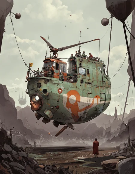 By Ian McQue. A digital illustration shoot from below about a futuristic flying vehicle in a post-apocalyptic landscape. the image also shows a highly detailed and industrial design, with a sci-fi theme. on the middle of the image, a large, green and orange flying vehicle appears to be in mid-flight, with multiple people visible inside. the vehicle is suspended from the ground by cables, and has a sleek, metallic design with intricate details. it has a large propeller on the left side and a control panel on the right side. the background features a mix of abstract shapes and textures, with distant mountains and a cloudy sky. the overall atmosphere is one of chaos and destruction, with the flying vehicle taking center stage.
