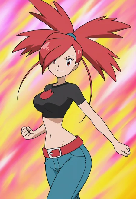 masterpiece, best quality, solo, curvy, beautiful eyes, aged up, large breasts, wide hips, narrow waist, 1girl, solo, smile, looking at viewer, zzFlannery, red eyes, hair over one eye, big hair, ponytail, red hair, spiked hair, long hair, crop top, midriff, red belt, denim jeans, ,<lora:FlanneryPokemon_IXL:1.0>, dynamic pose, cowboy shot, smile, looking at viewer, shiny skin,