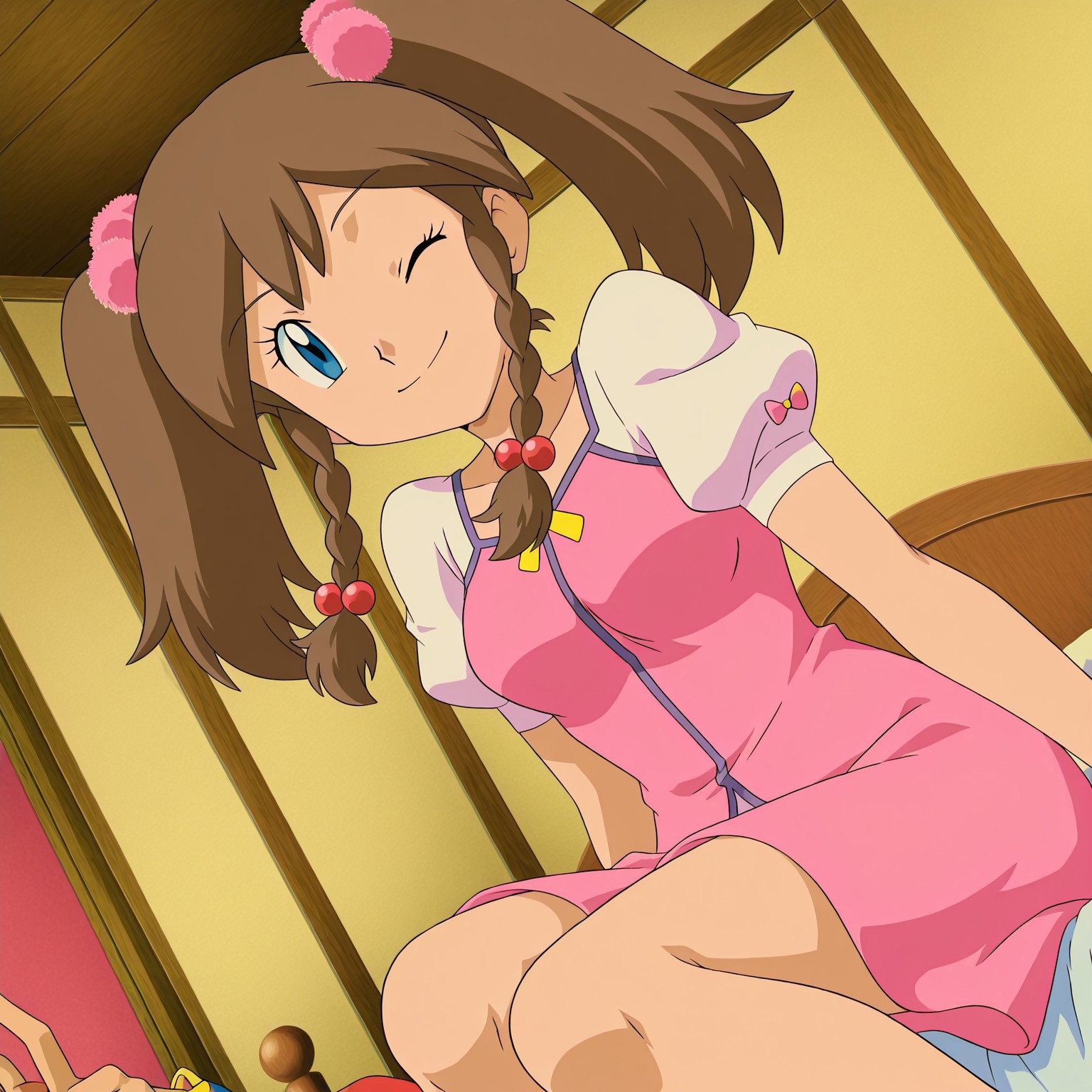pokemon may, haruka, brown hair, twintails, braid, blue eyes, twin braids, hair ornament, hair bobbles, front view, solo, indoors, solo focus,medium breasts, dynamic angle, anime art style, anime coloring, Anime Screencap, dress, pink dress, posing, happy,  one eye closed, bedroom, sitting on bed, solo, 