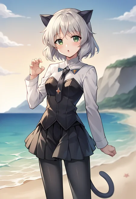 score_9, score_8_up, score_7_up, source_anime, masterpiece, 1girl, ctiansanya, uniform, necktie, strapless vest, long sleeves, black skirt, black pantyhose, cat ears, cat tail, beach, outdoors, cowboy shot, sunny, ocean, scenery, depth of field, looking at viewer, cinematic, claw pose, chestnut mouth, <lora:Sanya_updated_ver2_ct:1>