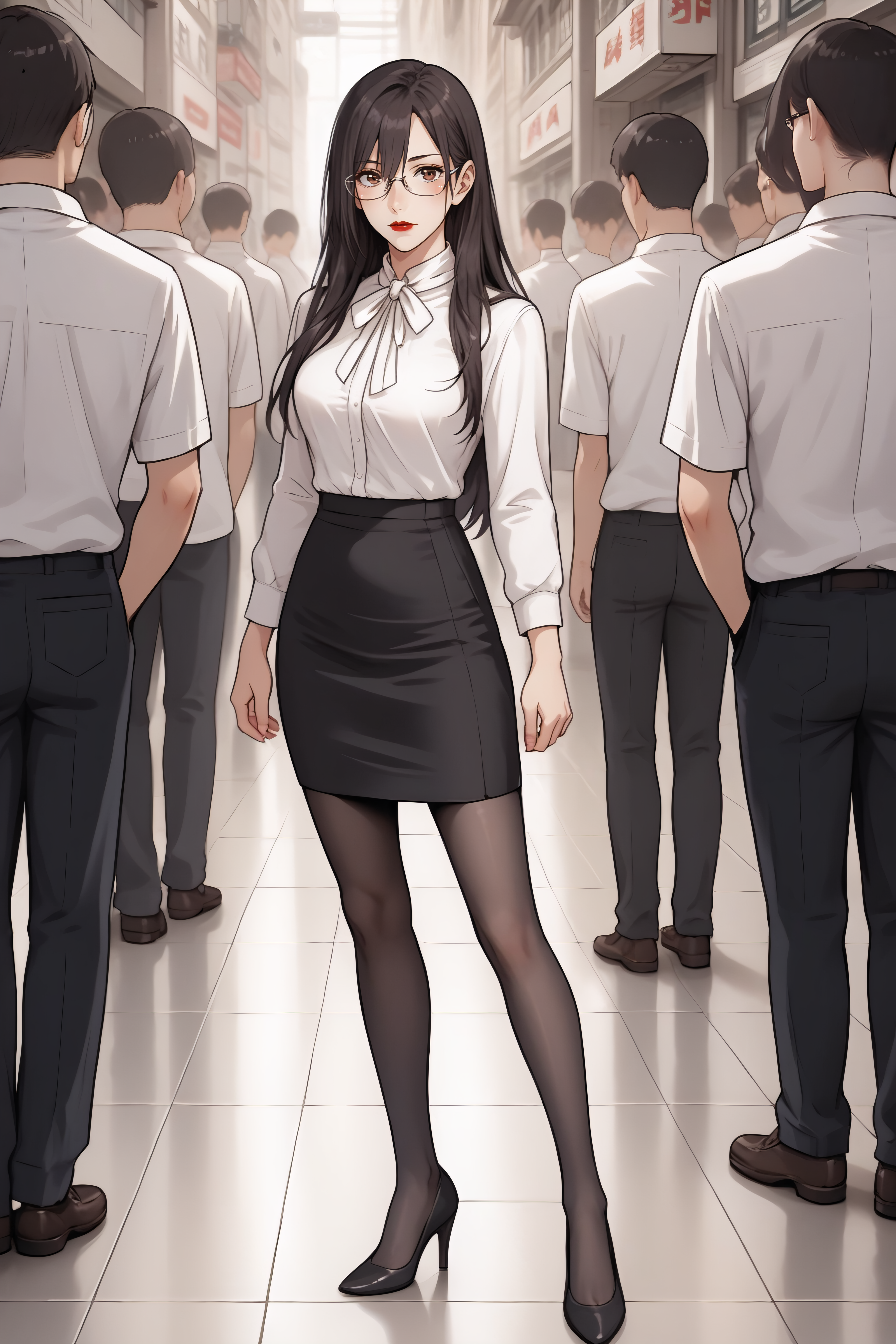 score_9, score_8_up, score_7_up, BREAK source_anime, <lora:Mayuri Hanyuu-PonyXL-lora-Faxtron:0.8> mayuri hanyuu, brown eyes, black hair, long hair, medium breasts, red lips, glasses, white shirt, white neck ribbon, pencil skirt, black pantyhose, high heels, standing,