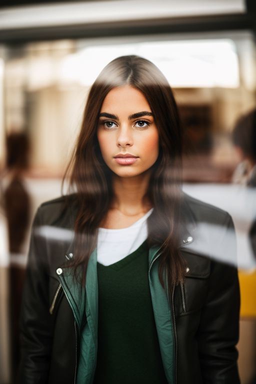 'p3x3ls style photo', a young woman with a jacket behind a glass