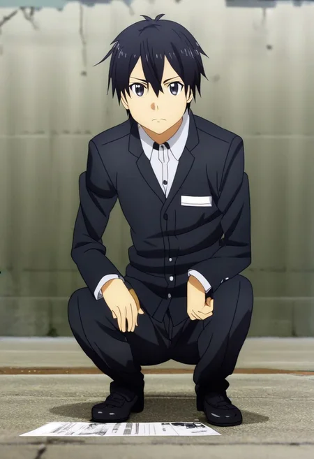 high resolution, professional photography, solo, best quality, 1Boy, Kazuto Kirigaya, Black Hair, Black Eyes, lofi, candid, squat, depth of field, photo model, looking at viewer, OverallDetail