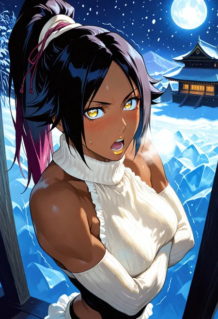 xsabux, oil painting \(medium\), brush \(medium\), sharp brush strokes, murata yuusuke, kubo tite, extremely detailed, studio lighting, magnificent composition, fashion, masterpiece, best quality, very aesthetic, absurdres, eye-catching, 1girl, yoruichi shihouin, long hair, black hair, ponytail, high ponytail, yellow eyes, big pupils, detailed eyes, pretty eyes, plum lips, dark-skinned female, athletic, slightly toned muscles, confident, mature, skindentation, from bleach, diagonal shot with clockwise rotation, foreshortening, vibrant colors, shadows, solo, bare shoulders, blush, breath, crossed arms, detached sleeves, frills, looking at viewer, open mouth, sleeveless, trembling, upper body, ((from above)), blue and black theme, moon, moonlight, ice mountains, snowing, shadows of Japanese castle,