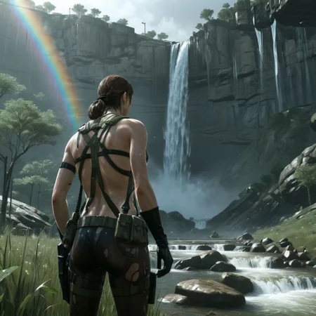 Quiet_MGS is in front of a waterfall wich little water flows, rainbow, shiny picture, real, absurd detail, ultra detailed, high quality, masterpiece