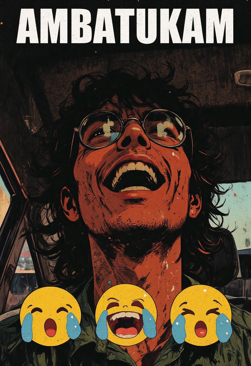 The image is a photograph featuring a close-up of a person's face. The subject appears to be a man with medium-brown skin and long, dark hair that is slightly curly and hangs down past his shoulders. He is wearing a pair of round, clear glasses with thin metal frames. His expression is one of intense emotion, with his mouth open wide as if he is laughing or crying, and his eyes are closed. Tears are visible on his cheeks, running down towards his chin. The background is out of focus but appears to be a car interior, possibly the dashboard, with dark, textured surfaces and a hint of light coming from outside.
In the foreground, there is a digital overlay of three emojis in a row at the bottom of the image. These emojis are yellow faces with tears running down their cheeks and open mouths, each conveying a similar emotional state as the person in the photo. The emojis are arranged horizontally, with the middle one slightly larger than the others. At the top of the image, the word "AMBATUKAM" is written in bold white capital letters. The overall mood of the image is one of intense emotion, likely sadness or joy, depending on the context.