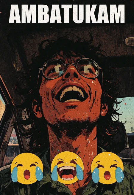 The image is a photograph featuring a close-up of a person's face. The subject appears to be a man with medium-brown skin and long, dark hair that is slightly curly and hangs down past his shoulders. He is wearing a pair of round, clear glasses with thin metal frames. His expression is one of intense emotion, with his mouth open wide as if he is laughing or crying, and his eyes are closed. Tears are visible on his cheeks, running down towards his chin. The background is out of focus but appears to be a car interior, possibly the dashboard, with dark, textured surfaces and a hint of light coming from outside.
In the foreground, there is a digital overlay of three emojis in a row at the bottom of the image. These emojis are yellow faces with tears running down their cheeks and open mouths, each conveying a similar emotional state as the person in the photo. The emojis are arranged horizontally, with the middle one slightly larger than the others. At the top of the image, the word "AMBATUKAM" is written in bold white capital letters. The overall mood of the image is one of intense emotion, likely sadness or joy, depending on the context.