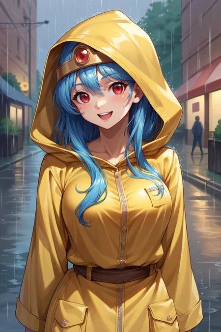 score_9, score_8_up, score_7_up, score_6_up, source_anime, BREAK 1girl, solo, <lora:dq3sage-pdxl-nvwls-v1-000006:1> dq3sage, blue hair, long hair, red eyes, circlet, yellow raincoat, looking at you, happy, rain, street, medium breasts, hood