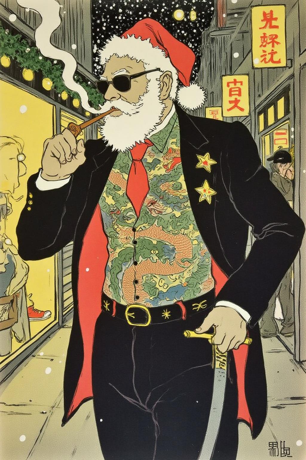 lautrec1 illustration rendered in a stylized, Art Nouveau style typical of the era, with a pastel color palette dominated by shades of green, yellow, and brown. 
A striking and unconventional depiction of Santa Claus reimagined as a Yakuza gangster, exuding an aura of authority and edginess. Santa, dressed in a sleek black suit with a red tie, has his jacket slightly open to reveal intricate, colorful dragon tattoos that coil across his chest and arms, In one hand, Santa holds a katana, while in the other, he casually smokes a cigar, the smoke curling upward dramatically. The background features a neon-lit urban alleyway with Japanese signs, blending the Christmas theme subtly with glowing decorations and hints of snow falling lightly. 
 <lora:lautrec1_cap_d6a3e11:1.0><lora:810964721407836715:0>