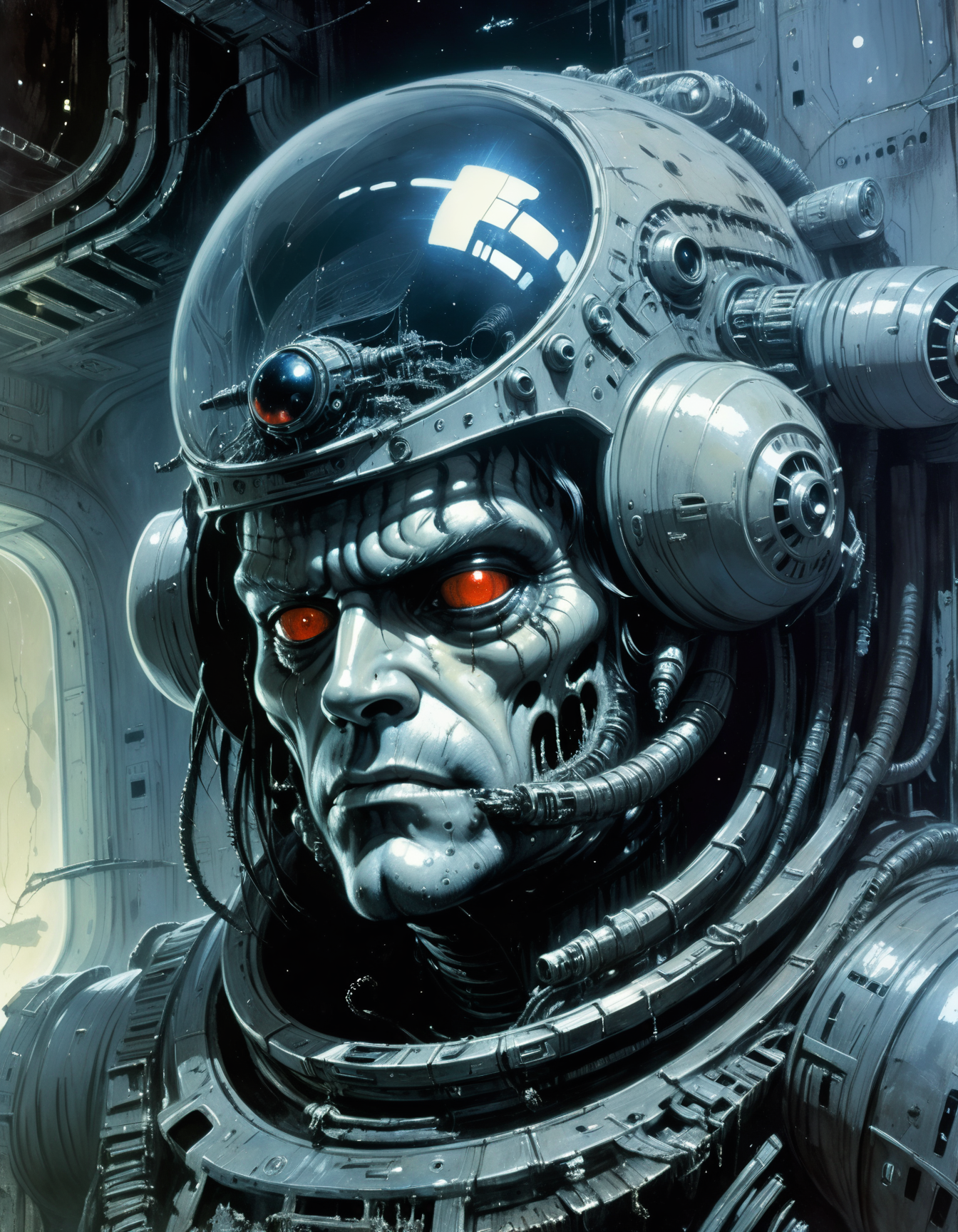 "Close-up, front-facing view of a scavenger, his face reflecting horror, within the chilling confines of a derelict space station. Sharp contrasts, lavishly intricate, drawing from H.R. Giger", surrealism, weird and pissed off, oil on canvas, dry brush, <lora:John Berkey Style:0.9>, John Berkey Style