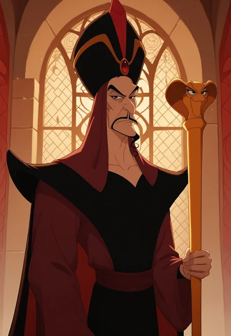 safe_pos, safe_pos, safe_pos, score_9, score_8_up, rating_nsfw, ultra hd, absurdres, best quality, best aesthetic, masculine, solo, 1boy, male focus, perfect proportions, handsome, erotic, alluring, hand with five fingers, mature male,
DisneyJafar, facial hair, staff, black robes, cape, mustache, hat, snake staff, Expressiveh, aesthetic lighting, detailed background, arabic castle, looking at viewer, half body