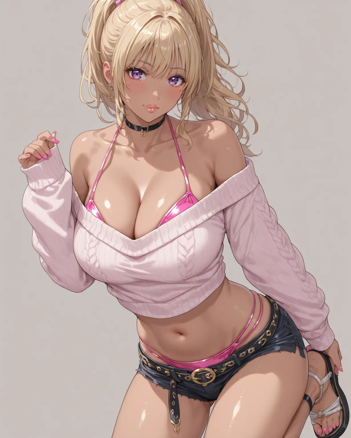 yukino \(doa vv\),blonde hair,high ponytail,purple eyes,lips,large breasts,gyaru,pink nails,swimsuit under clothes,cropped shirt,belt,sandals,black short shorts,choker,off-shoulder sweater,cleavage,pink swimsuit,navel,solo,