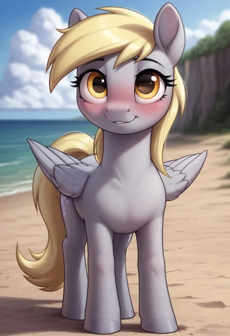 score_9, score_8_up, score_7_up, score_6_up, pony, pegasus, feral, mare, solo, (derpy hooves), no breasts, beach, outdoors, tail, photo_realistic, blushing female, anatomically correct, looking at you, standing, front view,