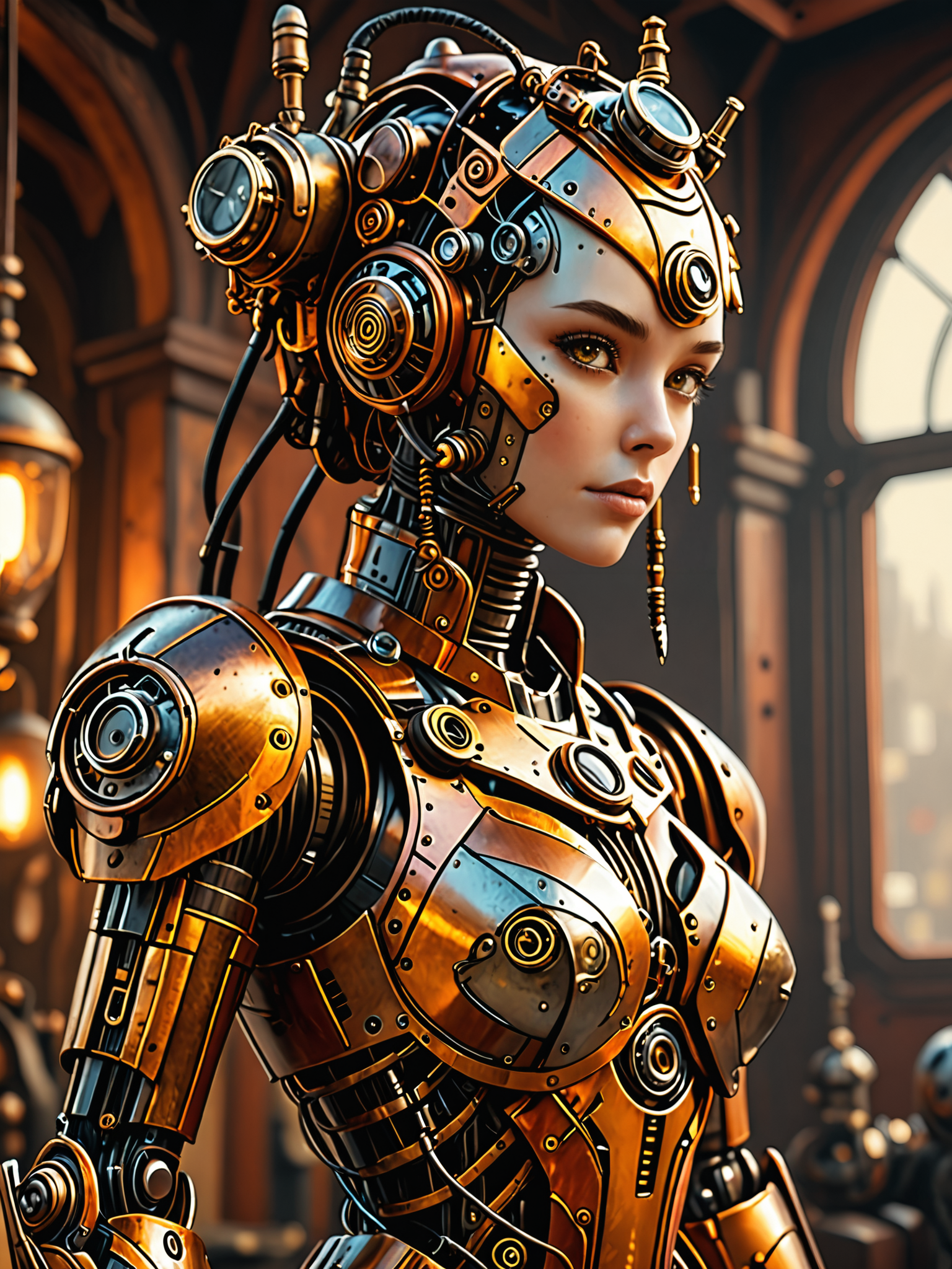 steampunk female robot  <lora:add-detail-xl:1> masterpiece, 8k,warm colors, illustration