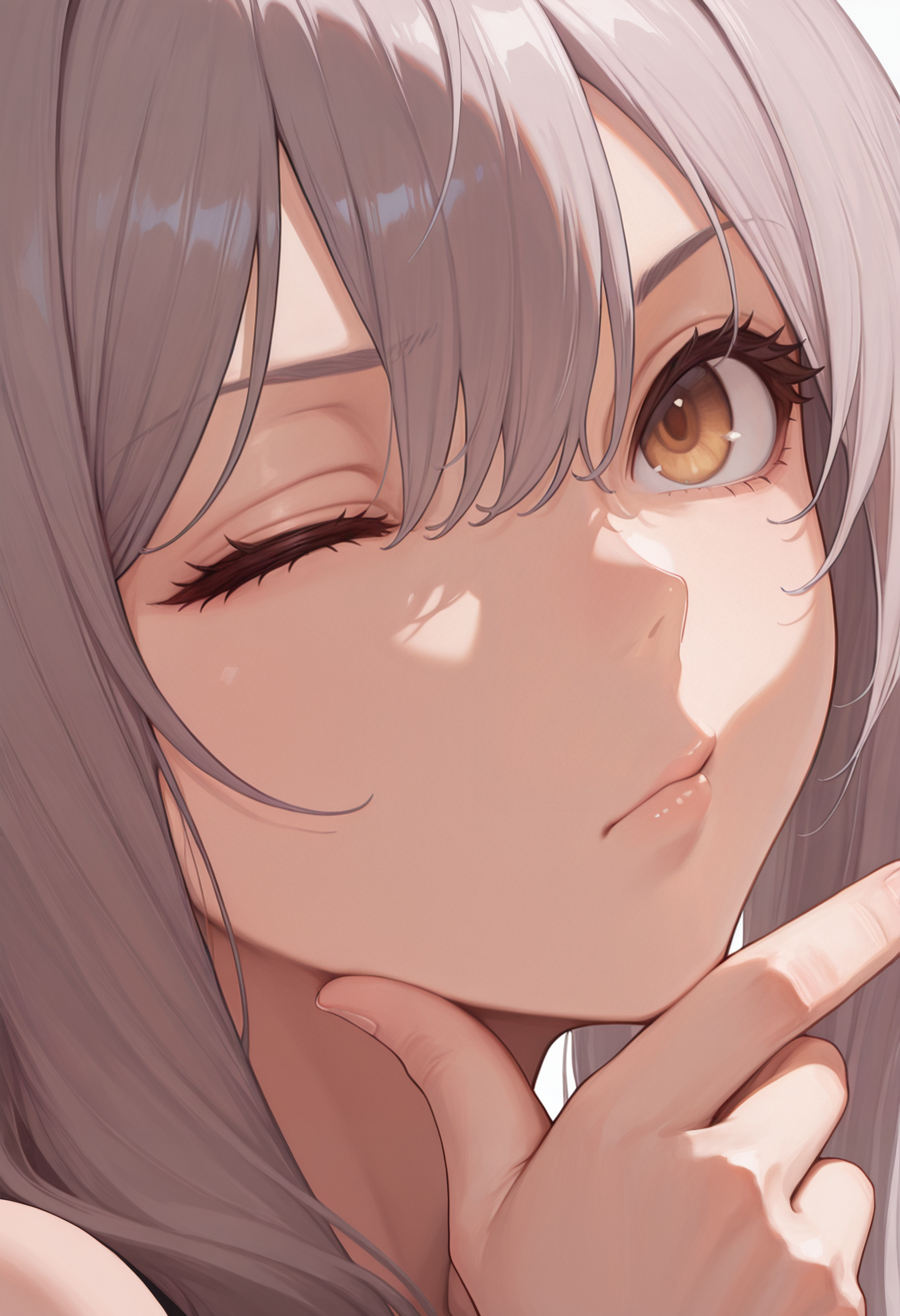 masterpiece, best quality, absurdres, highres, newest, 1girl, solo, <lora:scarlet-nikke-richy-v1_ixl:1> scrltrddf, yellow eyes, brown eyes, grey hair, long hair, hair between eyes, sidelocks, close-up, thinking, hand on own chin, finger gun, one eye closed, looking up, closed mouth