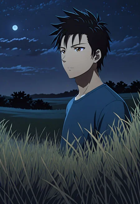 Highres, Masterpiece, High Quality, 4K, 8K, solo, 1Boy, Soujirou Agata, brown eyes, black hair, grassland, no light pollution, bush, nature, calm, peaceful, night breeze, breeze, awe, dim, easynegative, detailed_eye_model