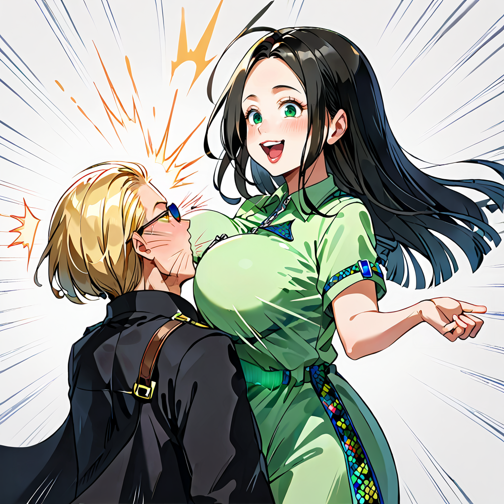 score_9, score_8_up, score_7_up, score_6_up, source_anime, rating_safe, <lora:_sdxl-chichibinta-pony:0.5> (((chichibinta, body turn and tits swinging, slap someone with swinging boobs, tits slap, couple, hetero, duo, from side, head on breasts, head between breasts, motion lines, open mouth, surprised, face to breasts, breast smother, bumping on breasts, run into someone breasts))),
BREAK (<lora:albertwesker-guy-PONYv1:1> albertwesker, albert wesker, 1boy, blonde, black gloves, sunglasses, belt, pants, long coat, trench coat, black coat, black pants, toned, athletic, fit, slicked back hair, black turtleneck, zipper, mature male, looking at another, ((head on another breasts, being slapped by another breasts, head between another breasts, open mouth, surprised, breast smother, run into someone breasts))),
BREAK (1girl, (curly hair), long hair, (black hair), mature female, (parted hair:1.7), (round face), (no_bangs:1.3), (no_fringe:1.6), looking at viewer, (thick eyebrows:0.9), (plump, curvy), round-chin, breasts, caucasian, down-turned eyes, (forehead:0.65), <lora:ETO_OCPonyXL:0.5> eto_oc, skindentation, naughty smile, thick thighs, wide hips, petite, busty, voluptuous, :o, surprised, looking at another, ((breasts on another head, slapping with her breasts))),