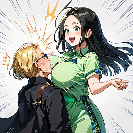 score_9, score_8_up, score_7_up, score_6_up, source_anime, rating_safe, <lora:_sdxl-chichibinta-pony:0.5> (((chichibinta, body turn and tits swinging, slap someone with swinging boobs, tits slap, couple, hetero, duo, from side, head on breasts, head between breasts, motion lines, open mouth, surprised, face to breasts, breast smother, bumping on breasts, run into someone breasts))),
BREAK (<lora:albertwesker-guy-PONYv1:1> albertwesker, albert wesker, 1boy, blonde, black gloves, sunglasses, belt, pants, long coat, trench coat, black coat, black pants, toned, athletic, fit, slicked back hair, black turtleneck, zipper, mature male, looking at another, ((head on another breasts, being slapped by another breasts, head between another breasts, open mouth, surprised, breast smother, run into someone breasts))),
BREAK (1girl, (curly hair), long hair, (black hair), mature female, (parted hair:1.7), (round face), (no_bangs:1.3), (no_fringe:1.6), looking at viewer, (thick eyebrows:0.9), (plump, curvy), round-chin, breasts, caucasian, down-turned eyes, (forehead:0.65), <lora:ETO_OCPonyXL:0.5> eto_oc, skindentation, naughty smile, thick thighs, wide hips, petite, busty, voluptuous, :o, surprised, looking at another, ((breasts on another head, slapping with her breasts))),