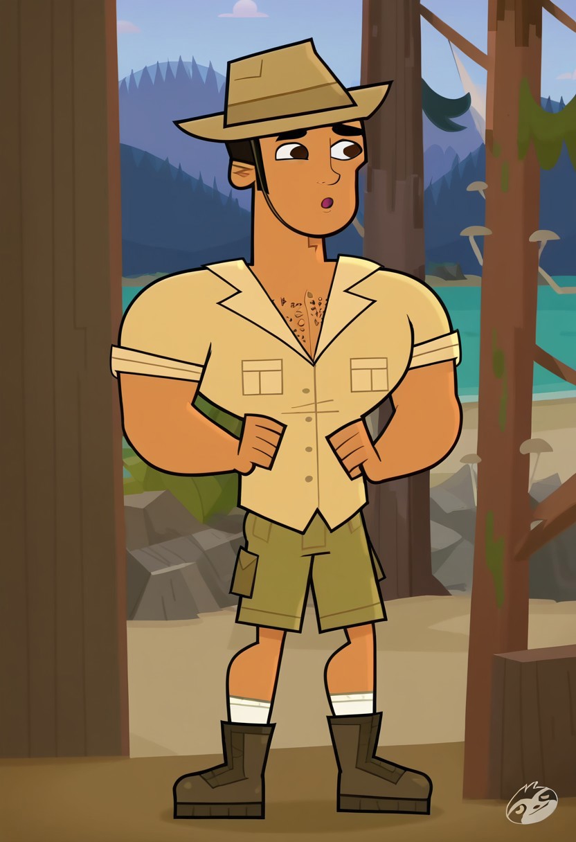 score_9, score_8_up, score_7_up, score_4, score_5, score_6, High Quality, perfect body, cartoon source, break
Diego Olivo, 1boy, solo, tanned skin, brown eyes, chest hair, muscular, Big chest, Big pecs, thick eyebrows,  hat, ochre shirt, olive green shorts, white socks, brown boots,  break
beach, sunny, blue sky.