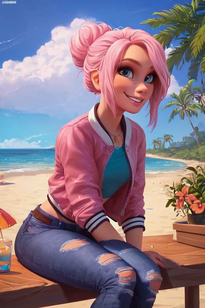 score_9, score_8_up, score_8, medium breasts, (curvy), cute, eyelashes,        BREAK, ,  <lora:Brooklynn_Jurassic_Park_PDXL_v2:0.5>, ,  zzBrooklynn, pink hair, single hair bun,   pink jacket, denim pants,  sitting, leaning forward, tropical beach,  BREAK,   smile, looking at viewer, cowboy shot, outdoors, sky, day, cloud, tree, blue sky, sunny,   embedding:zPDXL, Expressiveh,  <lora:Expressive_H-000001:0.4>,