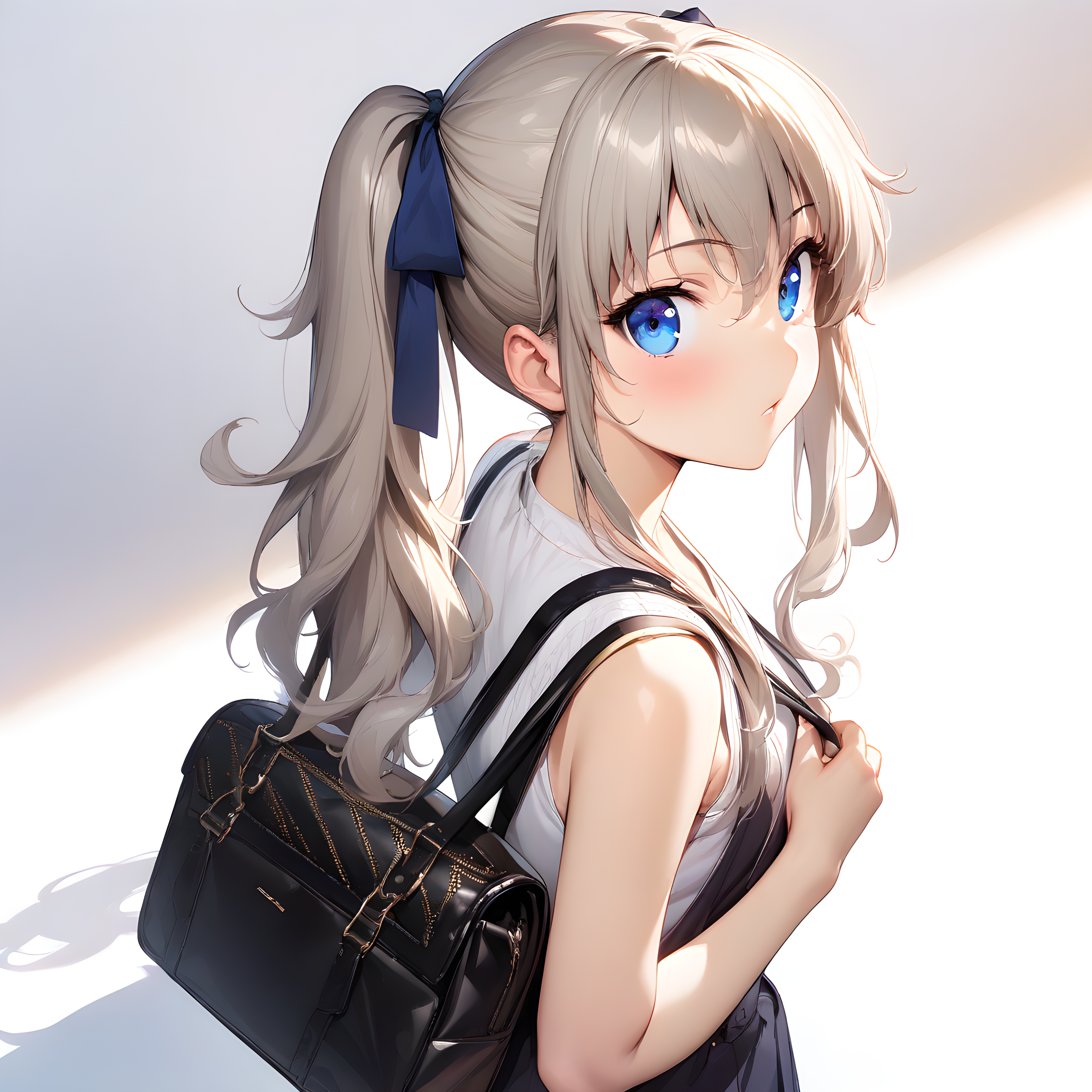 (masterpiece),(best quality),(ultra-detailed),(best illustration),(best shadow),(absurdres),(detailed background),(very aesthetic),nao_tomori, 1girl, solo, blue eyes, ponytail, bag, long hair, looking back, white background, ribbon, looking at viewer, simple background, hair ribbon, sleeveless, from behind, handbag <lora:XL-NaoTomori:1>