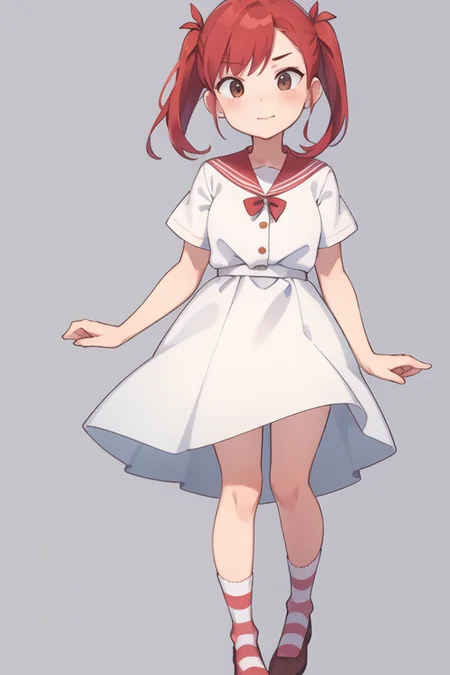 1girl, <lora:WendyW:0.7>, wendyw, striped socks, white and blue dress, red hair
