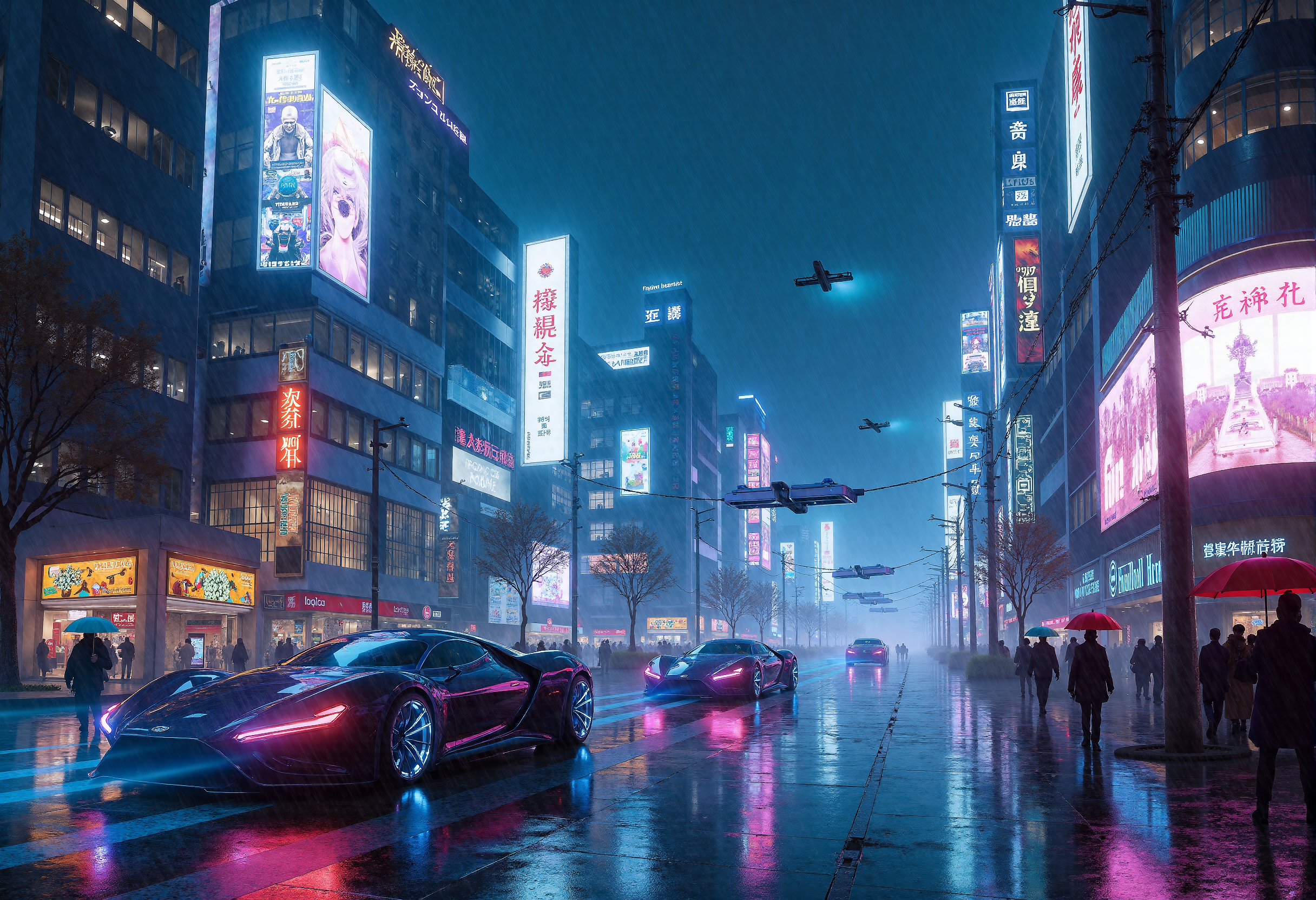 A highly detailed professional photograph capturing a futuristic Tokyo street scene at night, rendered in a cyberpunk aesthetic. The cityscape is bathed in vibrant neon lights, with a kaleidoscope of electric colorsâblues, purples, pinks, and redsâpouring from towering buildings that stretch high into the sky, their glass faÃ§ades shimmering with digital advertisements and holographic displays. The streets below are slick with rain, reflecting the glowing signs and vibrant lights, creating an almost mirror-like effect on the wet asphalt.
Futuristic, sleek cars glide through the street, their designs streamlined and ultra-modern, illuminated by glowing blue and red headlights and undercarriage lights, leaving faint trails of light in their wake as they speed through the city. In the background, towering billboards flicker with massive, holographic advertisements, while smaller drones hover above, silently patrolling the skies.
The street is bustling with life despite the heavy rainfall, with pedestrians wearing high-tech clothing and glowing accessories, moving under neon umbrellas that cast their own colored light. The rain creates a soft, misty haze, blurring the edges of the neon signs and car lights, adding an ethereal quality to the atmosphere. In the distance, a monorail zips past, its sleek silhouette barely visible through the rain and neon-lit fog. Darkness envelops the city, but the vivid, pulsing lights create an otherworldly ambiance, blending the high-tech allure of the future with the gritty, dystopian undercurrent that permeates the cyberpunk genre. The mood is both vibrant and foreboding, capturing the essence of a futuristic metropolis that never sleeps.