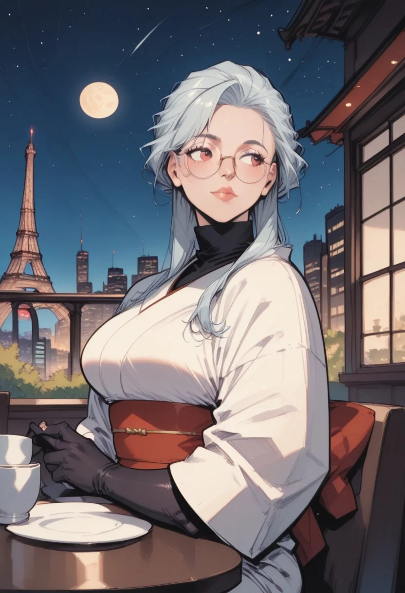 commix style, zPDXL3, PnyCmicXLPOS, score_9, score_8_up, score_7_up, masterpiece, best quality, absurdres, vibrant, highly detailed, very aesthetic, from side, cowboy shot, mature, stunning, 1girl, solo, saihoutakenoue, white kimono, black turtleneck, black gloves, elbow gloves, red obi, glasses, sitting, plucked lips, steaming tea cup, holding cup, looking at cup, one arm on table, cafe terrace, table, outdoors, night, Paris, Eiffel Tower, Champ-de-Mars, city lights, starry sky, crescent moon