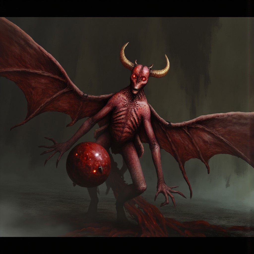 b3rs3rk first person d4concept pov, 3D01S, simple background d4artstyle atmospheric and powerful MikeFranchinastyle dark fantasy, natural organic and first person pov of a berserk style creature
A small menacing, red-skinned stone and fire gargoyle, blending the features of a rock bat and a obsidian stone demon. Its short body  with massive leathery wings stretching from its back, ready to launch into the air. Its glowing, fiery eyes pierce the darkness, while sharp horns protrude from its head. The creature's hands, tipped with razor-like claws, clutch a ball of bloody meat, ready to hurl at its prey. Its stance is hunched, exuding an aura of fear. Its long, sharp fangs glisten. It hovers just above the ground, prepared to unleash fiery devastation from the skies. 
UHD letterboxed game trailer frame chromatic aberration dark atmosphere sharp masterpiece with a focus on the character, elden ring style, dark atmosphere, chromatic aberration