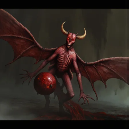 b3rs3rk first person d4concept pov, 3D01S, simple background d4artstyle atmospheric and powerful MikeFranchinastyle dark fantasy, natural organic and first person pov of a berserk style creature
A small menacing, red-skinned stone and fire gargoyle, blending the features of a rock bat and a obsidian stone demon. Its short body with massive leathery wings stretching from its back, ready to launch into the air. Its glowing, fiery eyes pierce the darkness, while sharp horns protrude from its head. The creature's hands, tipped with razor-like claws, clutch a ball of bloody meat, ready to hurl at its prey. Its stance is hunched, exuding an aura of fear. Its long, sharp fangs glisten. It hovers just above the ground, prepared to unleash fiery devastation from the skies.
UHD letterboxed game trailer frame chromatic aberration dark atmosphere sharp masterpiece with a focus on the character, elden ring style, dark atmosphere, chromatic aberration