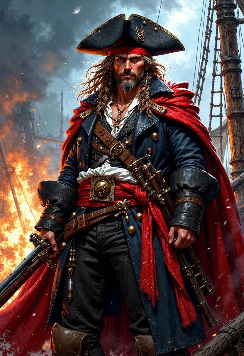 oil painting, rough, textural, broad brush strokes, portrait of a brave and blustery pirate king, tricorne hat, bandana, holding flintlock musket, standing on deck of burning ship, mythp0rt