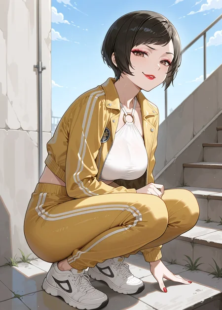 unholy-aesthetic, masterpiece, best quality, amazing quality, absurdres, 

 mafia_michelle,1girl, solo, black hair, short hair, bobcut, brown eyes, makeup, part lips, lipstick, red lipstick, large breasts,

, o-ring chocker, yellow jacket, open jacket, white cropped top, yellow pants, track pants, white footwear, sneakers

, smile, sneakers, squatting, stairs, blue sky, smug, looking at viewer