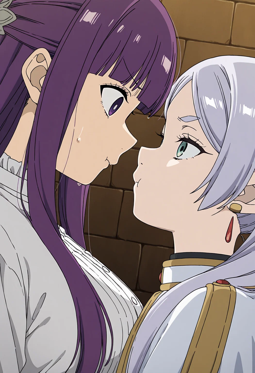 2girls, pout, wall,
1girl, fern \(sousou no frieren\), 
1girl, frieren, sousou no frieren, 
face-to-face, v-shaped eyebrows, sweat, upper body, from side,
general, masterpiece, best quality, very aesthetic, absurdres, anime coloring,