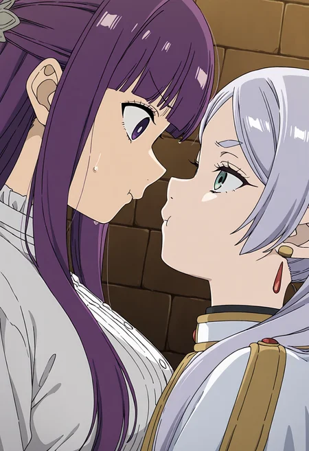 2girls, pout, wall,
1girl, fern \(sousou no frieren\), 
1girl, frieren, sousou no frieren, 
face-to-face, v-shaped eyebrows, sweat, upper body, from side,
general, masterpiece, best quality, very aesthetic, absurdres, anime coloring,