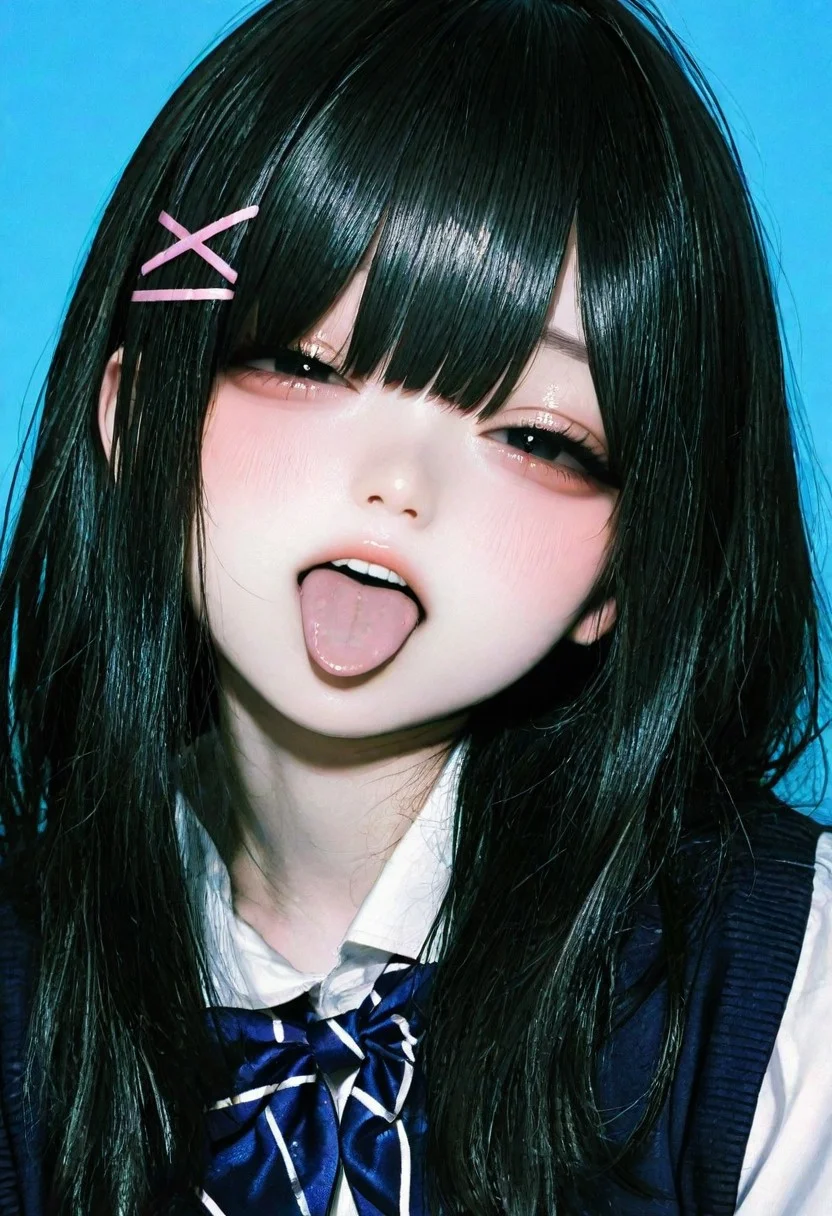 , raytracing, very awa, high resolution, official art, realistic, masterpiece, best quality, film grain, film still, realistic,photorealistic, super detailed skin, realistic skin, realistic human skin, realistic skin tones, Three-dimensional skin, (simple blue background:1.4),
BREAK
, korea girl cosplayers, taiwan girl cosplayers, japanese girl cosplayers, virtual youtuber, hololive, nijisanji.jp, (ars almal:0.8), (suzuhara lulu:0.8), (houshou marine:0.8),
BREAK
, kawaii girl, jiraikei face, petite, front view, big eyes, looking at viewer, ((black hair)), ((long hair)), ((black eyes)), school uniform, half-closed eyes,
BREAK
(Pose:0.0), open mouth, half closed eyes, tongue out,