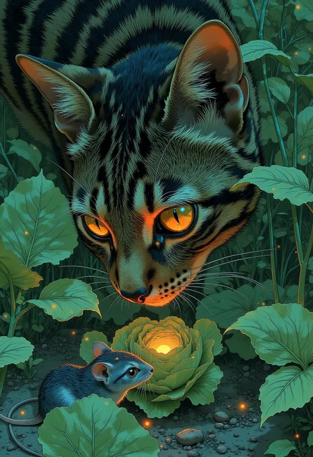 Scene of a cat about to attack a mouse. Field mouse is in foreground. Nibbling on leaves of lettuce from a garden. A British short hair cat is in the mid ground, peering its head around the lettuce plant and is fixing its glimmering eyes on the mouse. The cat is calm and stealthy. The cat is moving close to the ground. It is biding its time and waiting to pounce. It is late day and the sun is setting. Shadows descend on the garden. A sense of foreboding looms. The scene is tense and electric with coiled anticipation. VibrantlyDark style. The work is unsigned. It is a masterpiece of exquisite detail.