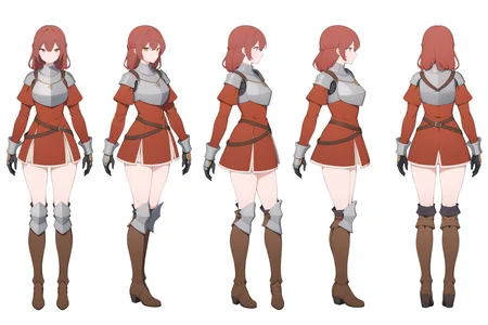 (VIEWS:0), full body character turnaround of 1girl, Multiple views of the same character in the same outfit, simple background, white background,
(theme:0), medieval, fantasy, Dungeon And Dragon,
(rank:0), female character, knight, medieval armor, red tunic, silver breastplate, greaves, gauntlets, brown boots, leather belt, gold buckle, armed stance, historical costume, full-body suit,
<lora:bg3TurnXL_v1_pony:0.1>
<lora:Witcher3turn_v1_Pony:0.1>
<lora:medieval2turn_v1_Pony:0.1>
<lora:CharTurnXL_v4_Pony:0.1>
<lora:bg3TurnXL_v1:0.1>
<lora:Witcher3TurnXL_v1:0.6>
<lora:Medieval2TurnXL_v1:0.1>
<lora:CharTurnXLRetag_v4:0.1>