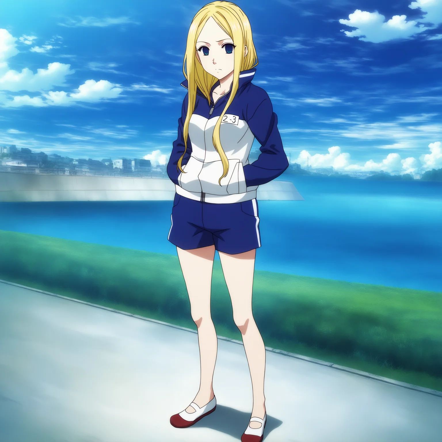 sharp focus, pixiv masterpiece, score_9, score_8_up,  source_anime, score_7_up, best quality, high res, absurd res, BREAK
<lora:Nino_arakawa_under_the_bridge_illu_v38:1>,nino_arakawa_il, (1girl, solo:1.5), blonde_hair, blue_eyes, blue_white_tracksuit, number_tag, uwabaki_shoes, long_hair,(anime_screencap:1.1) hands_in_pockets, blue_shorts, side_stripes, full body, standing, sunny day