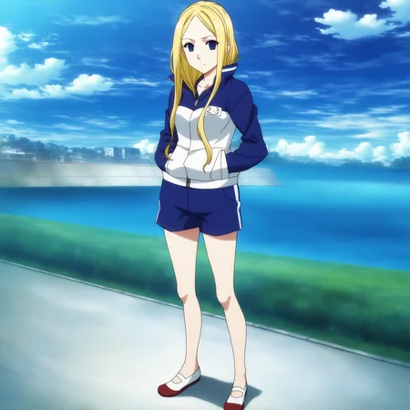 sharp focus, pixiv masterpiece, score_9, score_8_up, source_anime, score_7_up, best quality, high res, absurd res, BREAK
<lora:Nino_arakawa_under_the_bridge_illu_v38:1>,nino_arakawa_il, (1girl, solo:1.5), blonde_hair, blue_eyes, blue_white_tracksuit, number_tag, uwabaki_shoes, long_hair,(anime_screencap:1.1) hands_in_pockets, blue_shorts, side_stripes, full body, standing, sunny day
