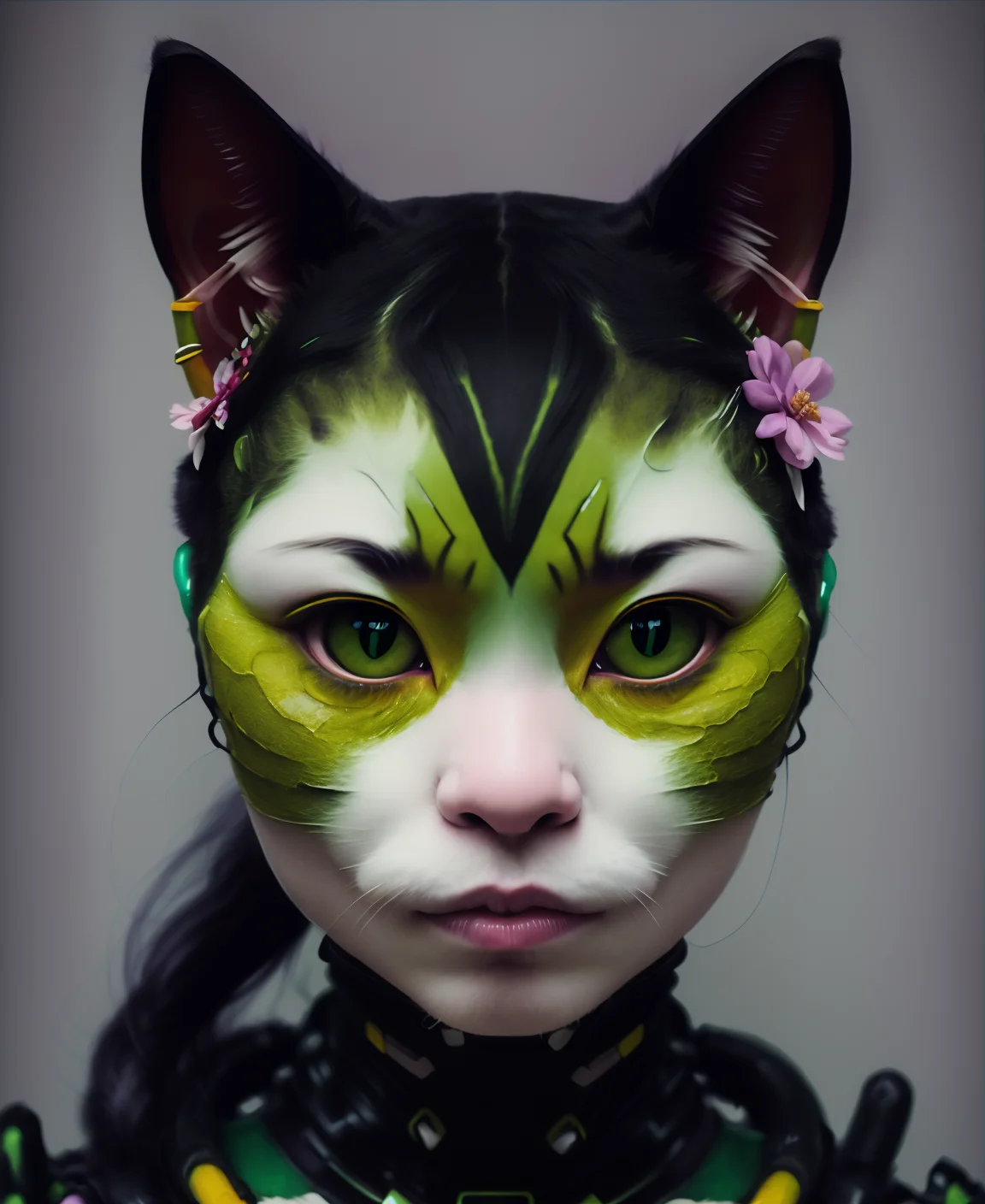 coulchat, raw candid cinema photography portrait, a woman cat, (photo in Underground bunker:1.2) Indigenous Vivid Green Emerald Carbon fiber Goblin Academia self-moving blueviolet, by Yoshitaka Amano, ultra realistic textured skin, skin pores, hard focus, film grain, photographed with a Sony a7 III Mirrorless Camera, by photographer (floral white:1.2) <lora:epiNoiseoffset_v2:0.7> <lora:lora_coulchatV3:1>