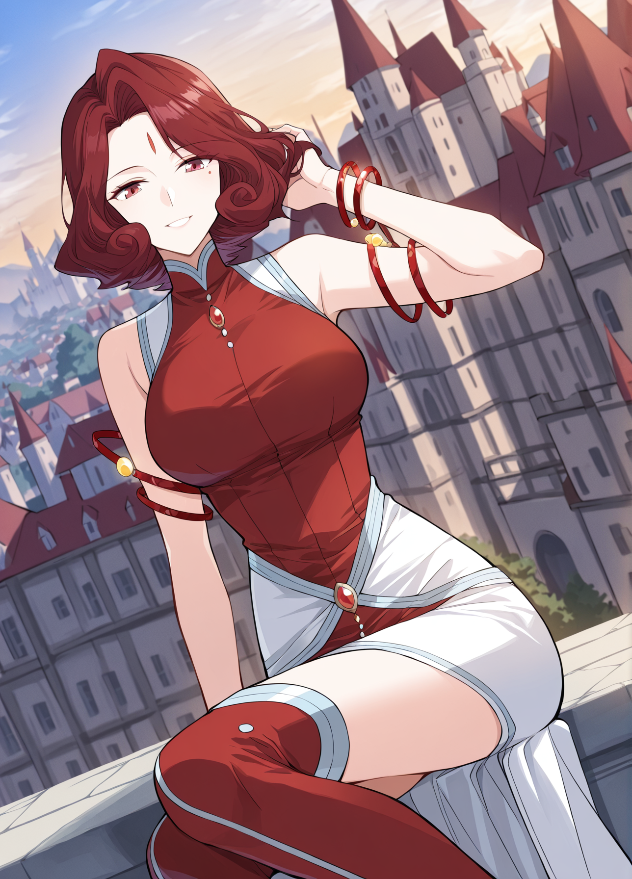 <lora:Xuan_Yi__Battle_Through_the_Heavens__Illustrious:1>
1 girl, solo, mature female, red hair, short hair, wavy hair, curled hair, ahoge, red eyes, beauty mark under eye, red and white dress, high slit dress, sleeveless, gemstone accessory, leg slit, elegant dress, thigh boots, red boots, futuristic jewelry, glowing bracelets, asymmetrical skirt
score_9, score_8_up, score_7_up, very aesthetic, source_anime, detailed, high quality, beautiful, masterpiece, detailed eyes, castle, village, blurry background, cityscape, pose dynamic angle, light smile, open mouth, hand on hair, sitting
