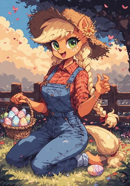 <lora:d3p1x3lXLP:1> d3p1x3l, pixel art, score_9, score_8_up, score_7_up, source_pixel, screencap, 
BREAK
1girl, applejack, anthro, earth pony, hooves, (long blonde hair in twin braids:1.3), freckles, (beautiful green eyes:1.5), straw hat with flower, (cute face, cheerful expression:1.4), looking at viewer, kneeling pose, (holding basket of easter eggs:1.3), BREAK
spring outfit, plaid shirt tied at waist, denim overalls, floral bracelet, rustic charm, pastel egg patterns, egg in grass
BREAK
farm background, blooming apple trees, wooden fence, fresh spring grass, flower petals, easter decorations
BREAK
bright sunlight, warm colors, high detail, soft shadows, cinematic spring atmosphere, festive mood, charming pixel scene, zPDXL3